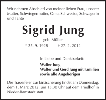 Traueranzeige von Sigrid Jung von Echo-Zeitungen (Gesamtausgabe)