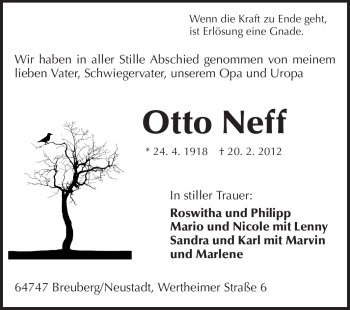 Traueranzeige von Otto Neff von Odenwälder Echo