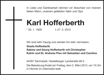 Traueranzeige von Karl Hofferberth von Echo-Zeitungen (Gesamtausgabe)
