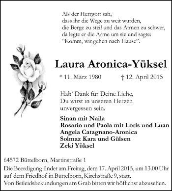 Traueranzeige von Laura Aronica-Yüksel von Rüsselsheimer Echo, Groß-Gerauer-Echo, Ried Echo