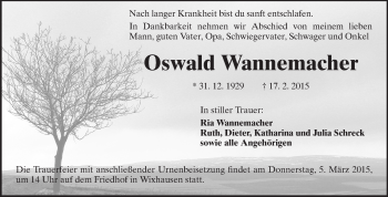 Traueranzeige von Oswald Wannemacher von Echo-Zeitungen (Gesamtausgabe)