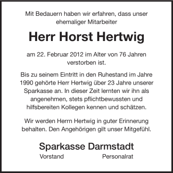 Traueranzeige von Horst Hertwig von Echo-Zeitungen (Gesamtausgabe)