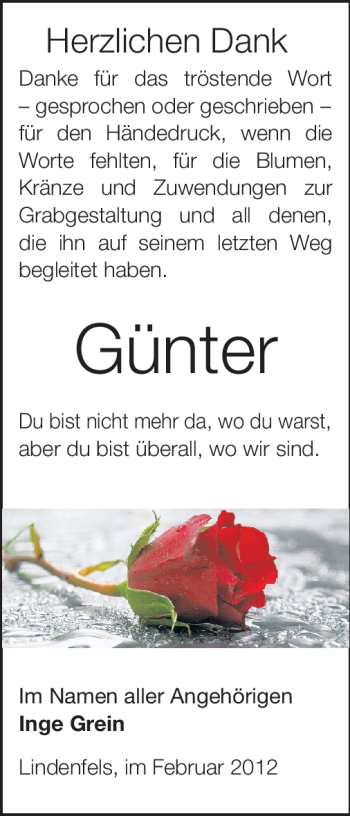 Traueranzeige von Günter Grein von Starkenburger Echo, Bergsträßer Anzeiger