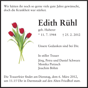 Traueranzeige von Edith Rühl von Darmstädter Echo, Odenwälder Echo, Rüsselsheimer Echo, Groß-Gerauer-Echo, Ried Echo