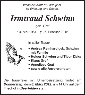 Traueranzeige von Irmtraud Schwinn von Odenwälder Echo