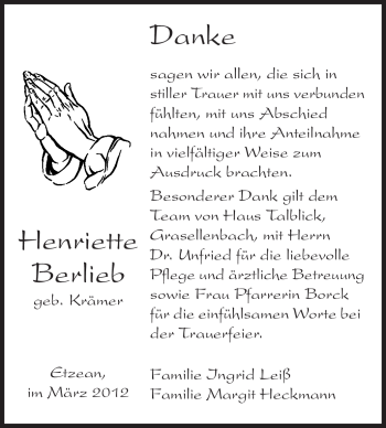 Traueranzeige von Henriette Berlieb von Starkenburger Echo