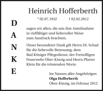 Traueranzeige von Heinrich Hofferberth von Odenwälder Echo