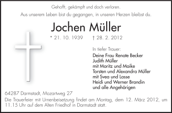 Traueranzeige von Jochen Müller von Echo-Zeitungen (Gesamtausgabe)