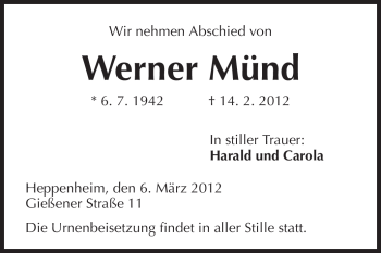 Traueranzeige von Werner Münd von Starkenburger Echo