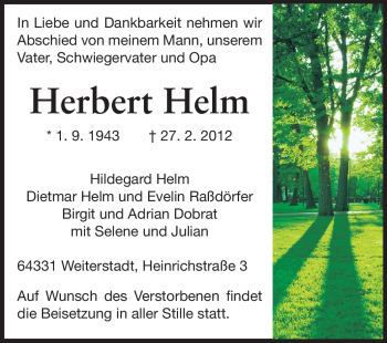 Traueranzeige von Herbert Helm von Echo-Zeitungen (Gesamtausgabe)
