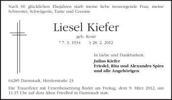 Traueranzeige von Liesel Kiefer von Darmstädter Echo, Odenwälder Echo, Rüsselsheimer Echo, Groß-Gerauer-Echo, Ried Echo