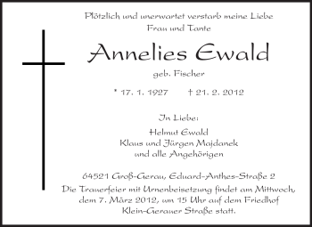 Traueranzeige von Annelies Ewald  von Rüsselsheimer Echo, Groß-Gerauer-Echo, Ried Echo