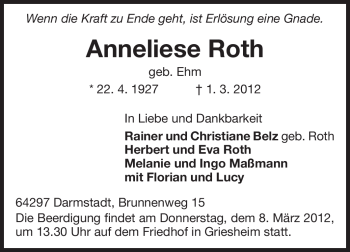 Traueranzeige von Anneliese Roth von Echo-Zeitungen (Gesamtausgabe)