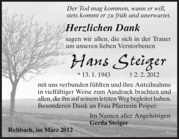 Traueranzeige von Hans Steiger von Odenwälder Echo