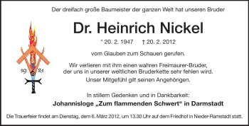 Traueranzeige von Heinrich Nickel von Darmstädter Echo, Odenwälder Echo, Rüsselsheimer Echo, Groß-Gerauer-Echo, Ried Echo