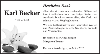 Traueranzeige von Karl Becker von Echo-Zeitungen (Gesamtausgabe)