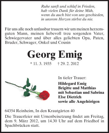 Traueranzeige von Georg Emig von Darmstädter Echo, Odenwälder Echo, Rüsselsheimer Echo, Groß-Gerauer-Echo, Ried Echo