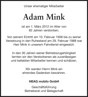 Traueranzeige von Adam Mink von Echo-Zeitungen (Gesamtausgabe)