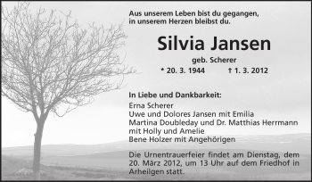 Traueranzeige von Silvia Jansen von Echo-Zeitungen (Gesamtausgabe)