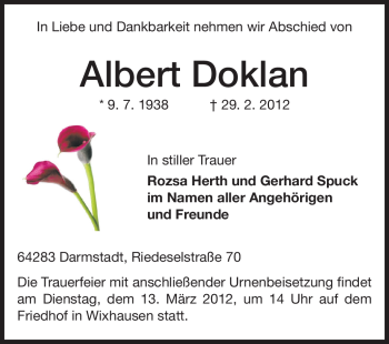 Traueranzeige von Albert Doklan von Echo-Zeitungen (Gesamtausgabe)