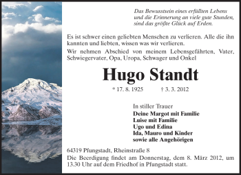 Traueranzeige von Hugo Standt von Echo-Zeitungen (Gesamtausgabe)