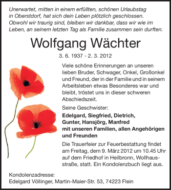 Traueranzeige von Wolfgang Wächter von Darmstädter Echo, Odenwälder Echo, Rüsselsheimer Echo, Groß-Gerauer-Echo, Ried Echo