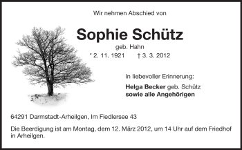 Traueranzeige von Sophie Schütz von Echo-Zeitungen (Gesamtausgabe)