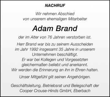 Traueranzeige von Adam Brand von Odenwälder Echo