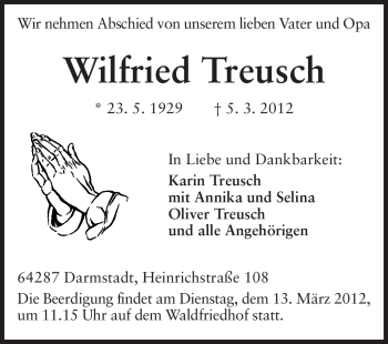 Traueranzeige von Wilfried Treusch von Echo-Zeitungen (Gesamtausgabe)