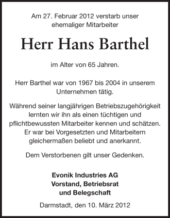 Traueranzeige von Hans Barthel von Echo-Zeitungen (Gesamtausgabe)