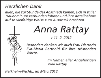 Traueranzeige von Anna Rattay von Rüsselsheimer Echo, Groß-Gerauer-Echo, Ried Echo