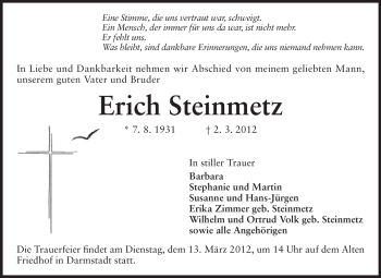 Traueranzeige von Erich Steinmetz von Echo-Zeitungen (Gesamtausgabe)