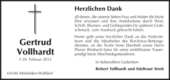 Traueranzeige von Gertrud Vollhardt von Rüsselsheimer Echo, Groß-Gerauer-Echo, Ried Echo