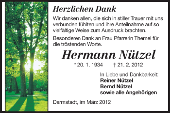 Traueranzeige von Hermann Nützel von Echo-Zeitungen (Gesamtausgabe)