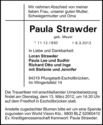 Traueranzeige von Paula Strawder von Echo-Zeitungen (Gesamtausgabe)