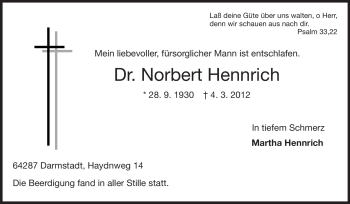 Traueranzeige von Norbert Hennrich von Darmstädter Echo, Odenwälder Echo, Rüsselsheimer Echo, Groß-Gerauer-Echo, Ried Echo
