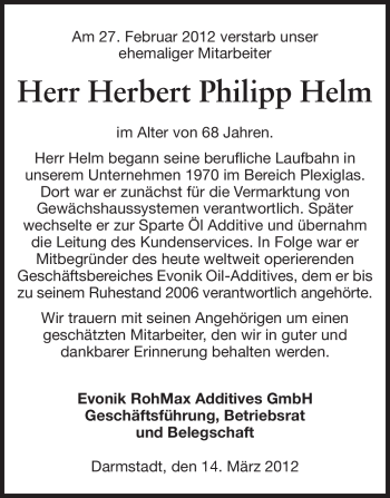 Traueranzeige von Herbert Philipp Helm von Echo-Zeitungen (Gesamtausgabe)