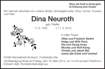 Traueranzeige von Dina Neuroth von Odenwälder Echo