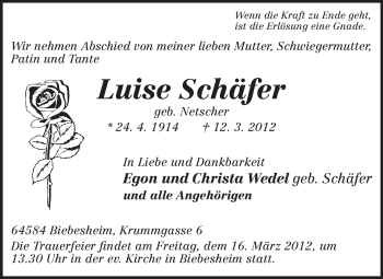 Traueranzeige von Luise Schäfer von Rüsselsheimer Echo, Groß-Gerauer-Echo, Ried Echo