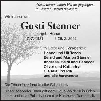 Traueranzeige von Gusti Stenner von Darmstädter Echo, Odenwälder Echo, Rüsselsheimer Echo, Groß-Gerauer-Echo, Ried Echo