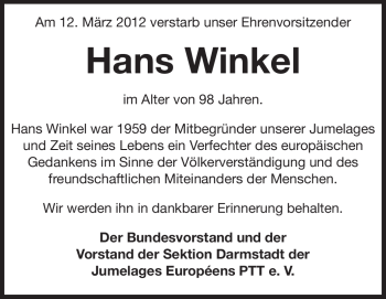 Traueranzeige von Hans Winkel von Echo-Zeitungen (Gesamtausgabe)