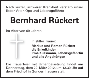 Traueranzeige von Bernhard Rückert von Echo-Zeitungen (Gesamtausgabe)