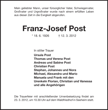Traueranzeige von Franz-Josef Post von Echo-Zeitungen (Gesamtausgabe)