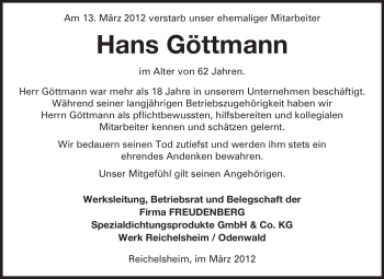 Traueranzeige von Hans Göttmann von Odenwälder Echo