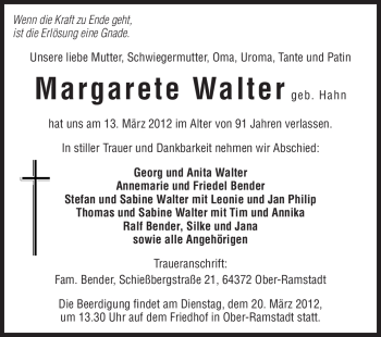 Traueranzeige von Margarete Walter von Echo-Zeitungen (Gesamtausgabe)