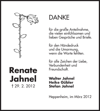 Traueranzeige von Renate Jahnel von Starkenburger Echo