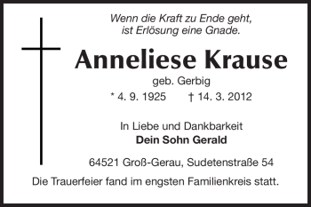 Traueranzeige von Anneliese Krause von Rüsselsheimer Echo, Groß-Gerauer-Echo, Ried Echo