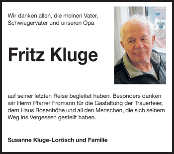 Traueranzeige von Frietz Kluge von Echo-Zeitungen (Gesamtausgabe)