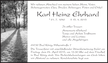 Traueranzeige von Karl Heinz Erhard von Odenwälder Echo