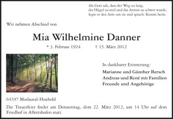 Traueranzeige von Mia Wilhelmine Danner von Echo-Zeitungen (Gesamtausgabe)